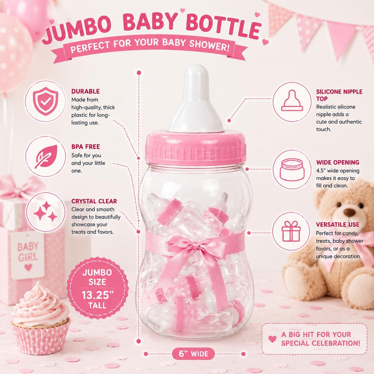 13" Jumbo Fillable Baby Shower Bank Plastic Decoration Centerpiece (Pink, 13")