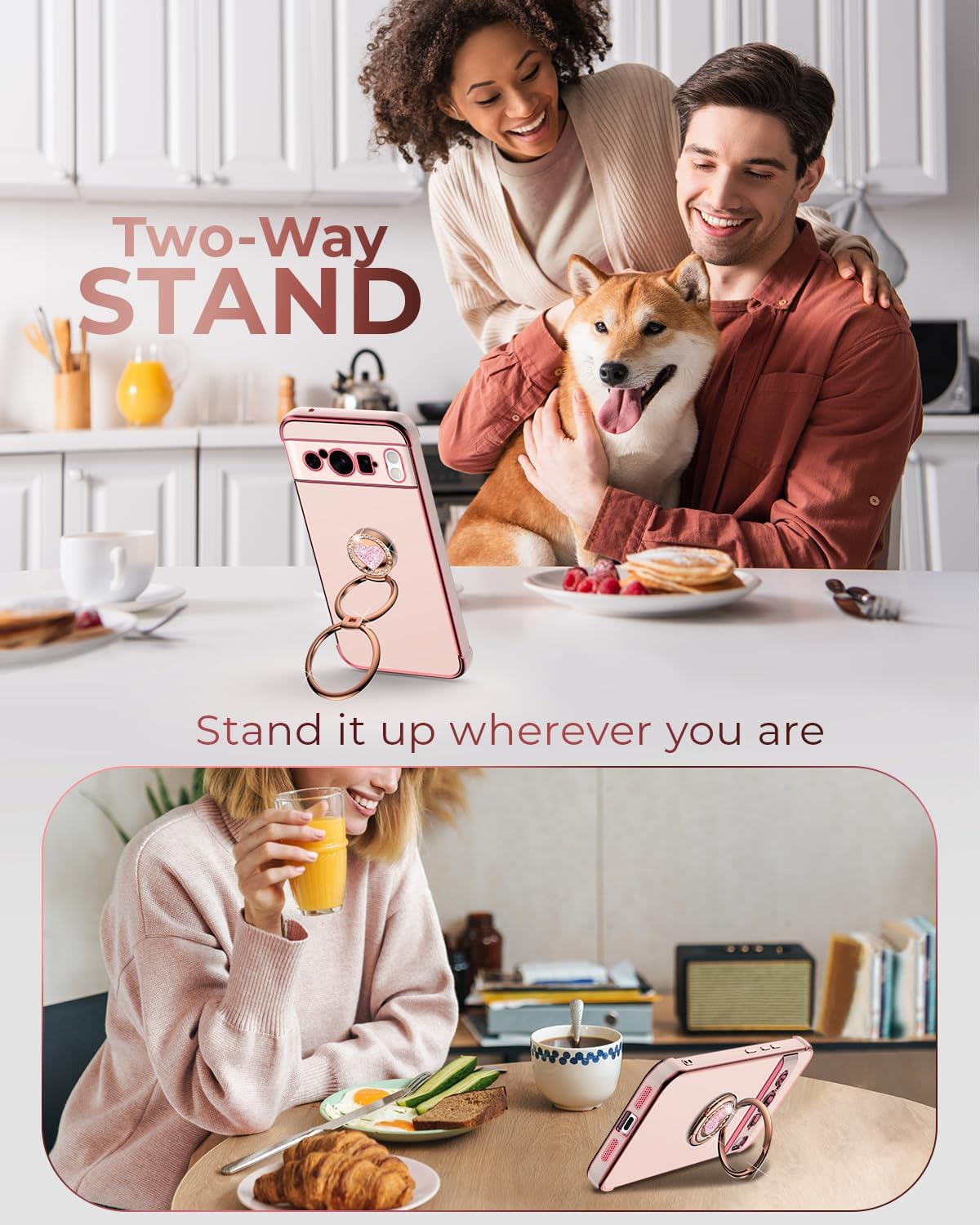 XYZ for Pixel 8 Pro Case with Stand, for Google Pixel 8 Pro Case with Double Ring, Women Girls Bling Luxury Protective Phone Case Heart for Google Pixel 8 Pro, Pink