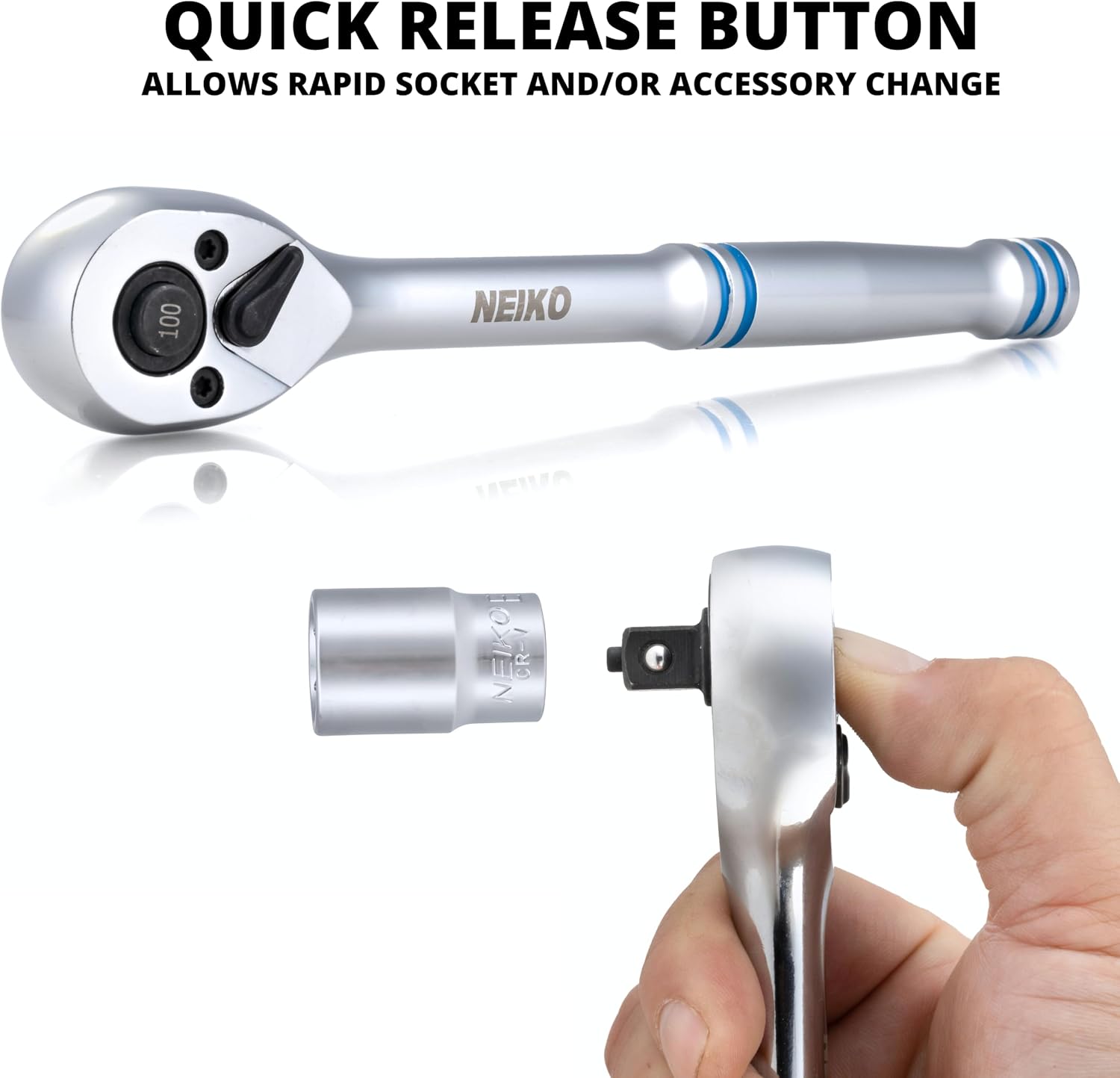 NEIKO 3/8 Inch Ratchet Wrench, 100-Tooth Reversible, 3.6 Degree Swing, Quick Release, 8" Long Handle, Silver Chrome Vanadium Steel