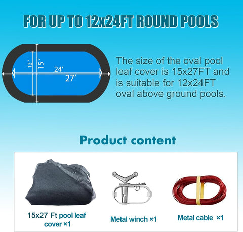 Pool Leaf Net Cover 12x24 Oval Above Ground with Winch and Cable