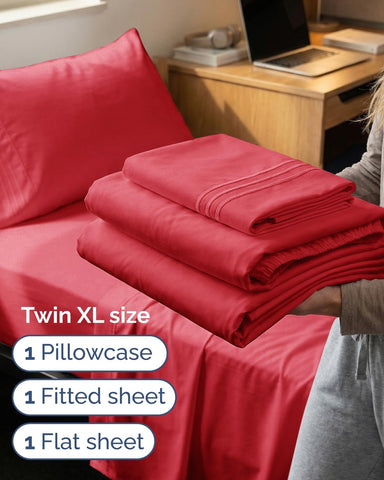 Twin XL 3 Piece Sheet Set - College Dorm Room Essentials - Red