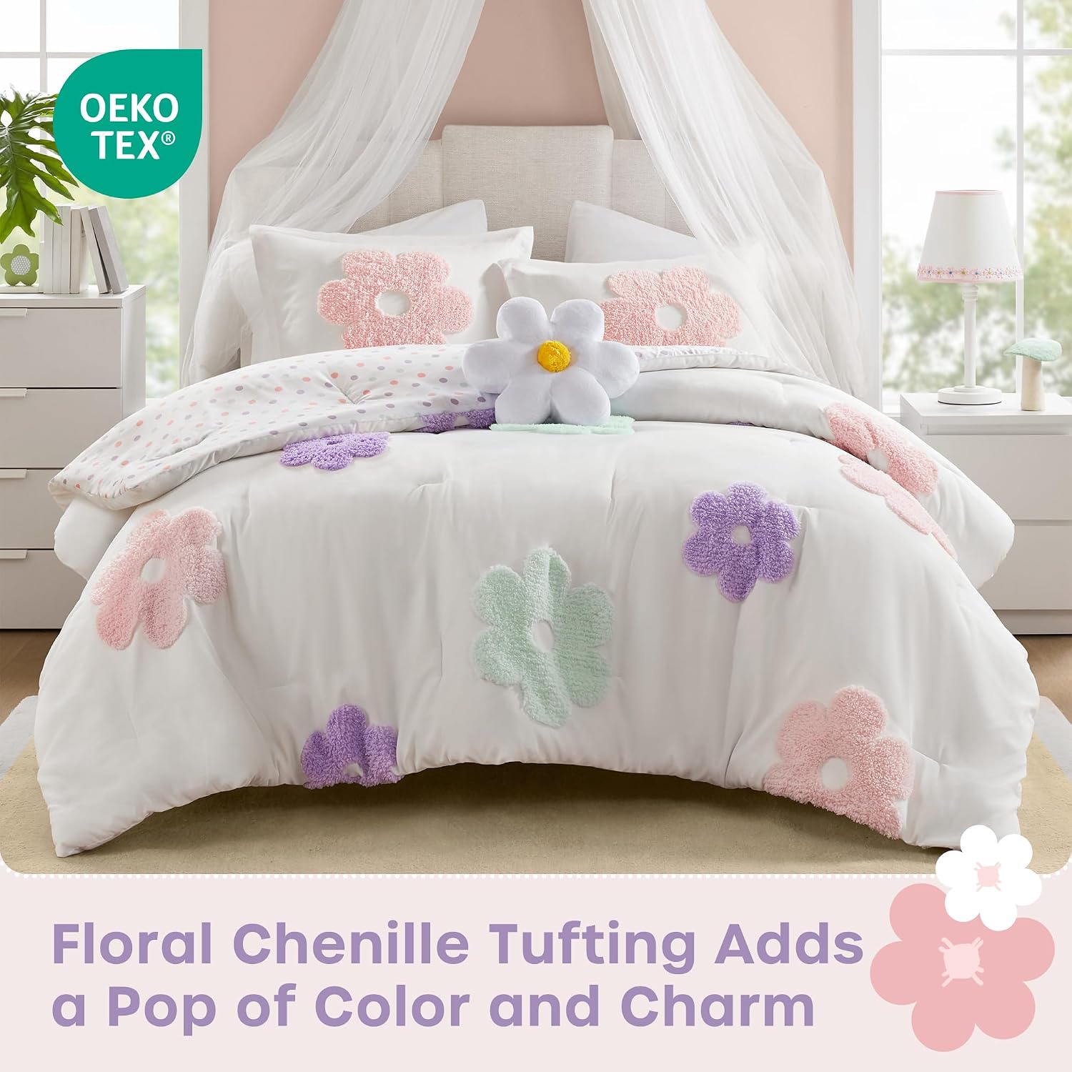 Intelligent Design Kids White Floral Queen Comforter Set for Girls, 4pc