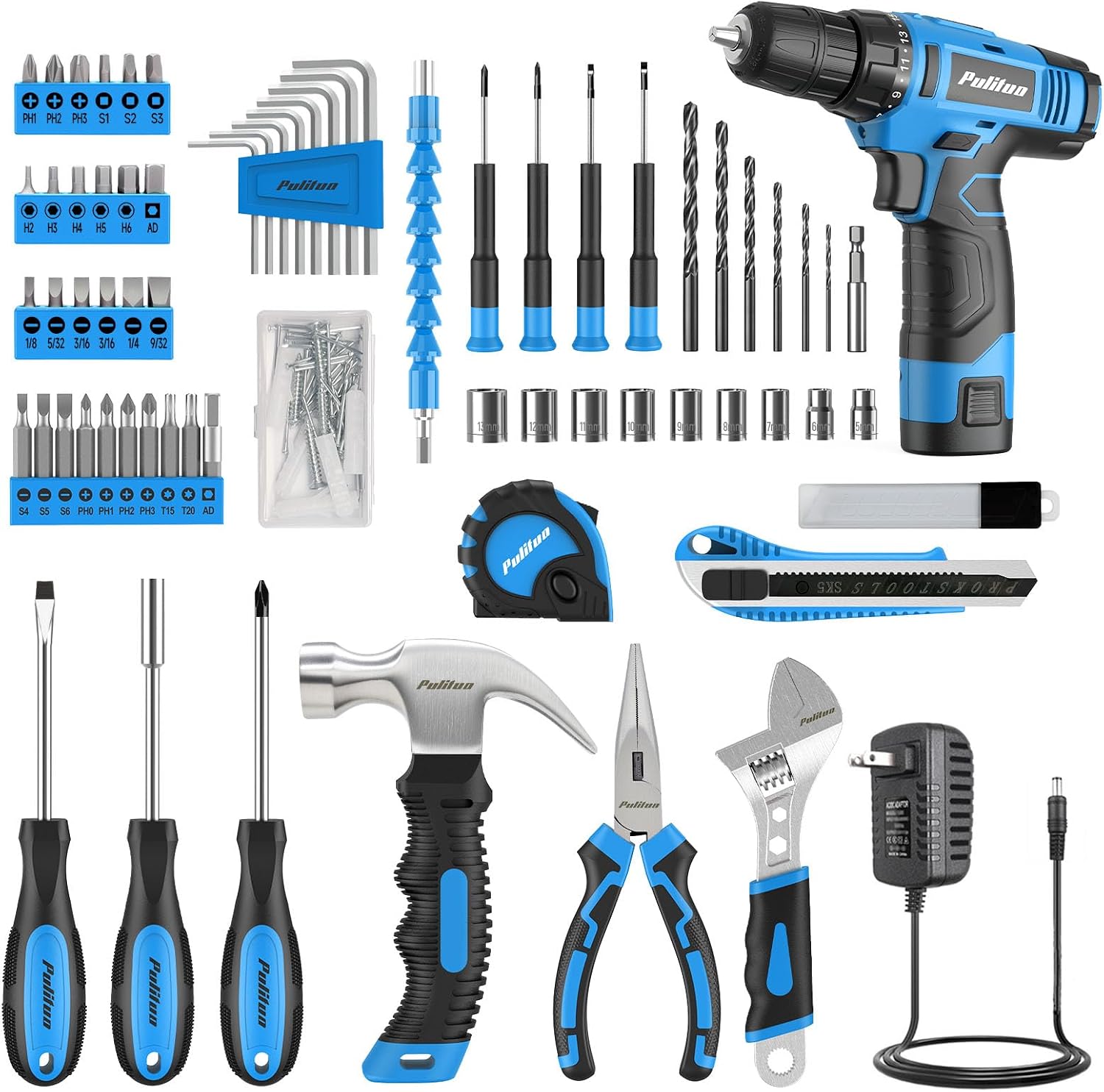 PULITUO Tool Set, 149-Piece Home Drill Set with Blue 12V Cordless Drill, Tool Box, Hand Tool Kits for Women & Men and DIY Enthusiasts, for Home Improvement