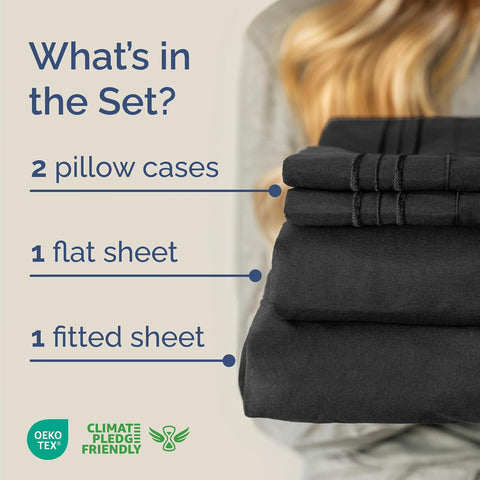 Queen Size 4 Piece Sheet Set - Comfy Breathable & Cooling Sheets - Black