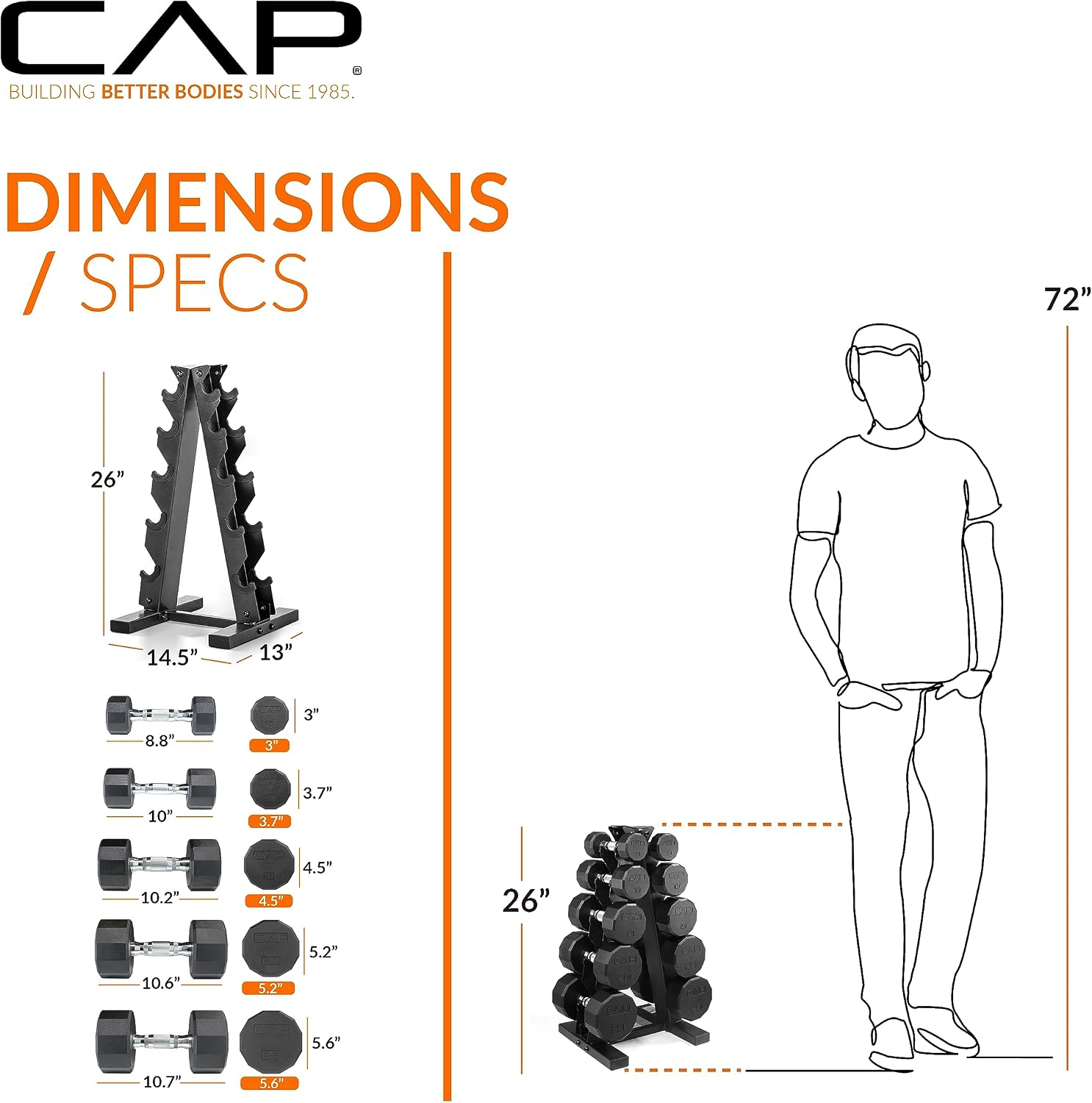 CAP Rubber Coated Dumbbell Weight Set with Vertical Rack | 100 lb, 150 lb, and 210 lb Options