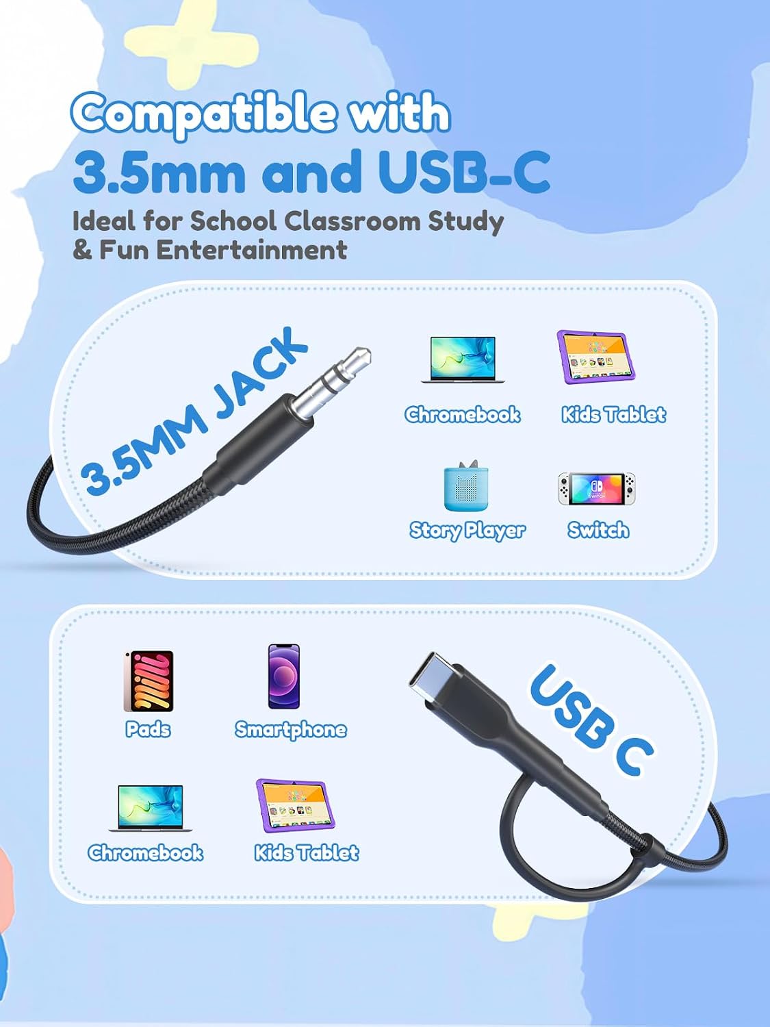 Acer OHW328 2 in 1 Kids Headphones Wired for School - 3.5mm & USB-C Jack