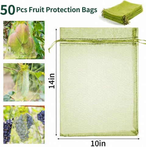 50 Pcs Fruit Protection Bags, 10×14 in Mesh Cover Nets for Tree, Green