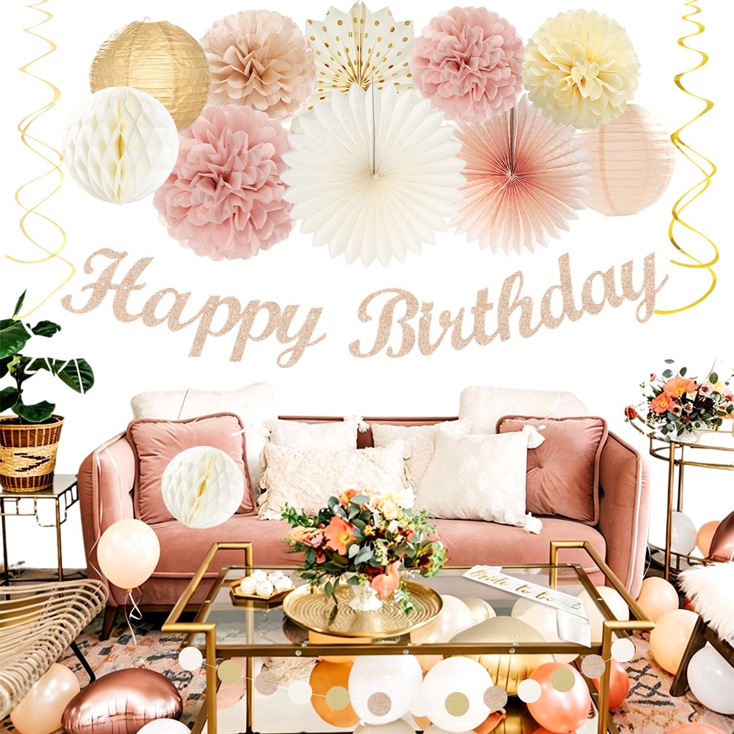 Beige Champagne Rose Gold Women-Girls Birthday Decorations - 21pcs Fall Boho Party Happy Banner, Peach Streamers,Paper Lanterns,Pom Poms Fans 16th 18th 20th 21st 30th Birthday Rustic Backdrop Huglony