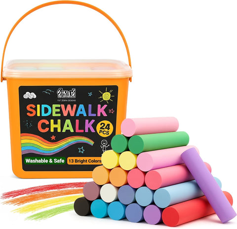 24 PCS Sidewalk Chalk for Kids - 13 Colors Chalk Bucket -Non-Toxic Washable