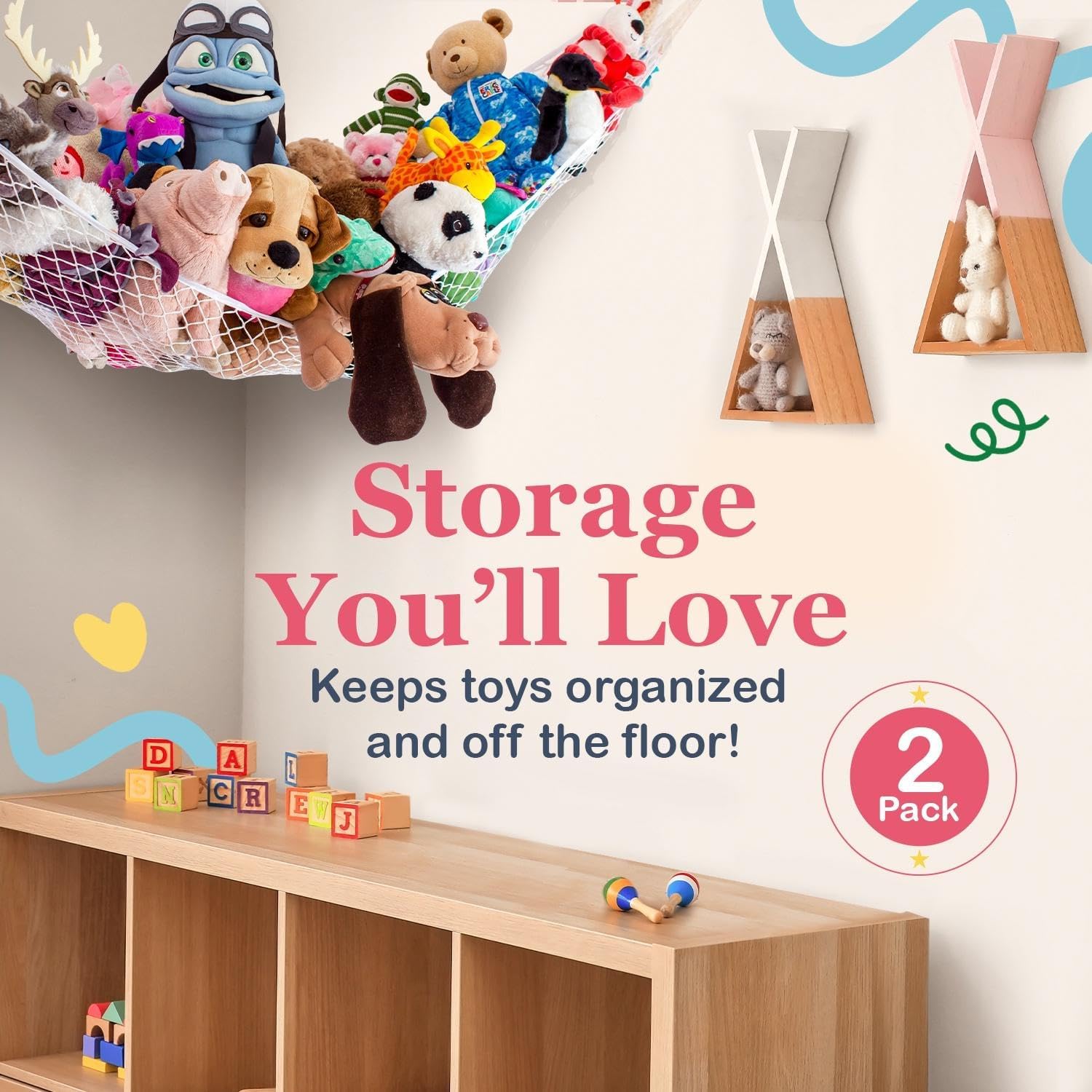 Large Stuffed Animal Storage Hammock 2 Pack | Holds 12 lbs | Corner Stuffed Animal Organizer | Plushie Net for Stuffed Animals | Stuffy Storage, Cute Bedroom, Room Decor | Pastel Purple
