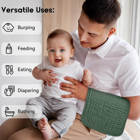 Unnivoll Muslin Burp Cloths for Baby 100% Cotton Burping Cloths for Boys Girls Large 20''X10'' Extra Soft and Absorbent 12 Pack - Gradient Green