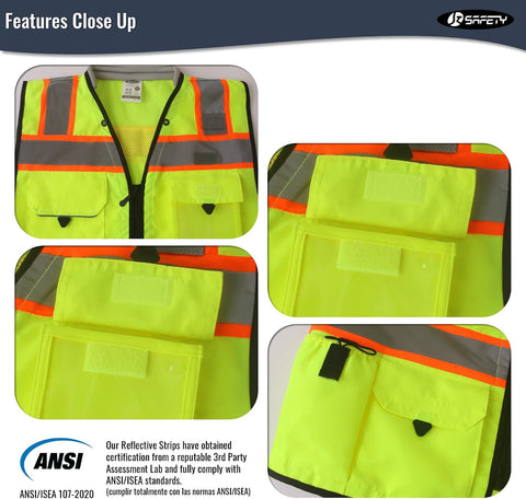 JKSafety Hi-Vis Unisex Surveyor Safety Vest Heavy Duty PPE Inner Pockets ANSI/ISEA Compliant