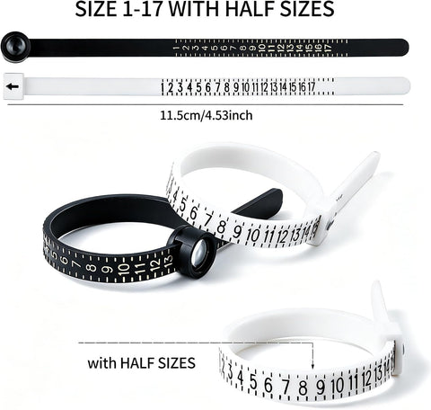 Bflaae Ring Sizer Measuring Tool Kit, 27 PCS Stainless Steel Measuring Ring Tool, US Ring Size 0-13 with Half Size, 2 PCS Reusable Finger Size Tape with Magnified Glass 1-17 USA Rings Size