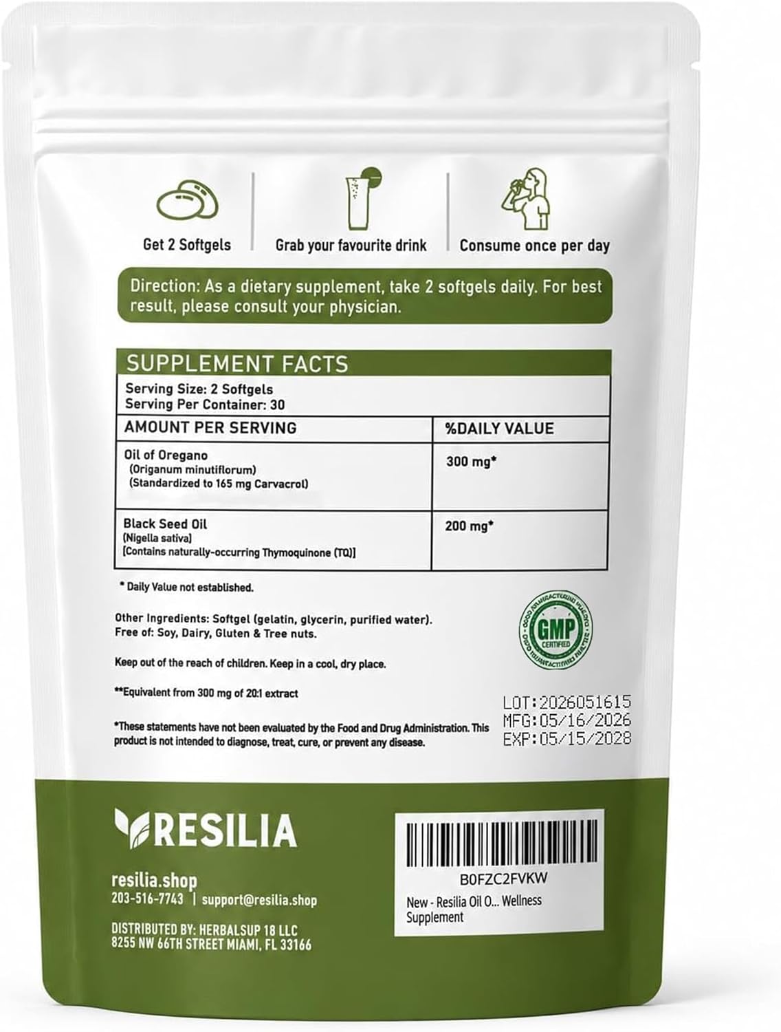 Resilia Oil Of Oregano Softgels with Black Seed Oil - 180 Softgels | Non-GMO, Gluten-Free and Soy-Free
