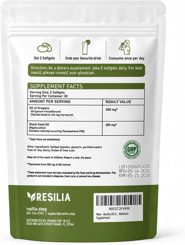 Resilia Oil Of Oregano Softgels with Black Seed Oil - 180 Softgels | Non-GMO, Gluten-Free and Soy-Free
