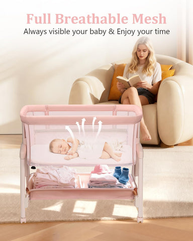 3 in 1 Baby Bassinet with Wheels, Bedside Bassinet Sleeper for Newborn, Portable Baby Crib with 7 Adjustable Height & Large Storage Basket & Full-Mesh, Easy Folding Baby Bed for Infant (Pink)