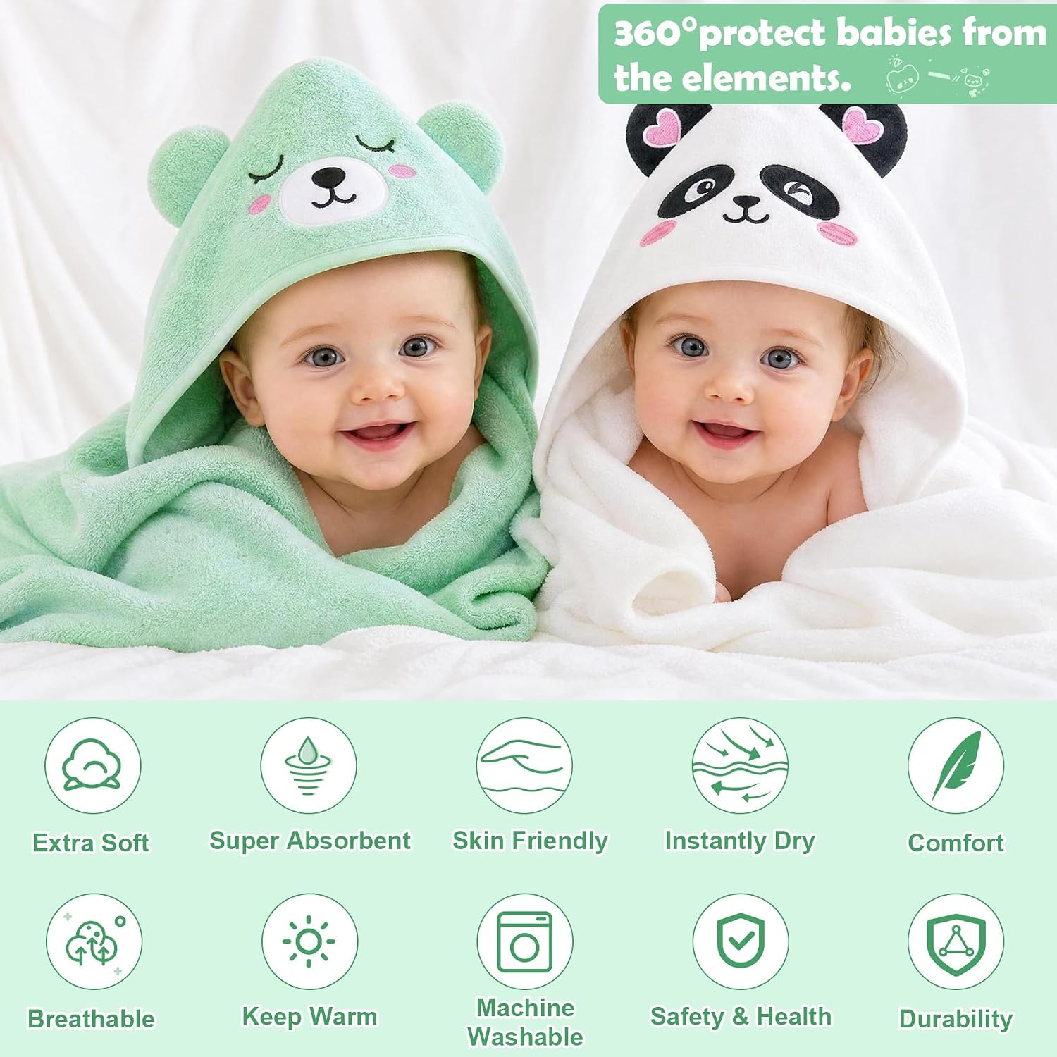 6 PCS Baby Bath Towels for Infants Toddlers Essentials, Green