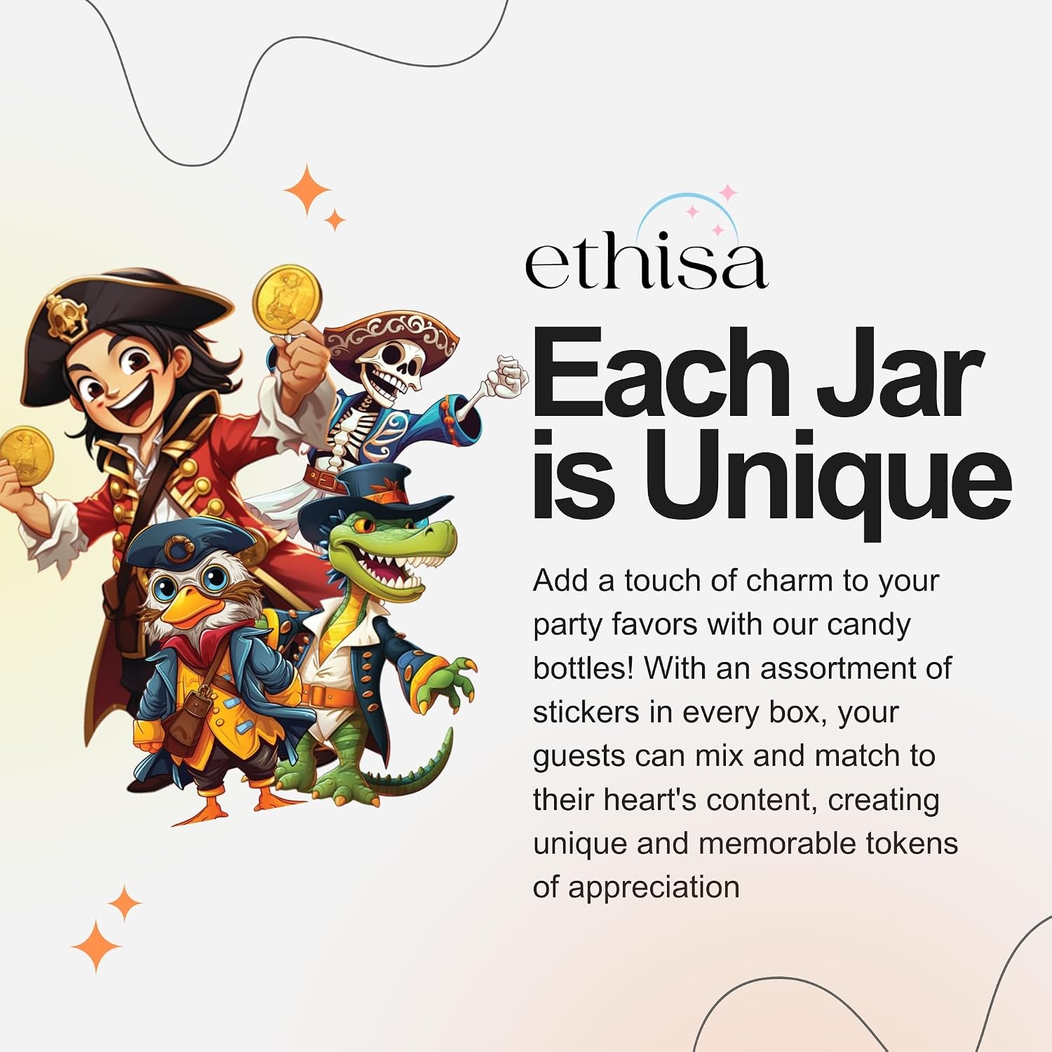 Ethisa Small 12 Pack Pirate Party Favors - DIY Candy Jars with Ribbons and Stickers - Party Decoration Bottles for Birthday, School Classroom, and Halloween - Pirate Table Centerpieces for Kids