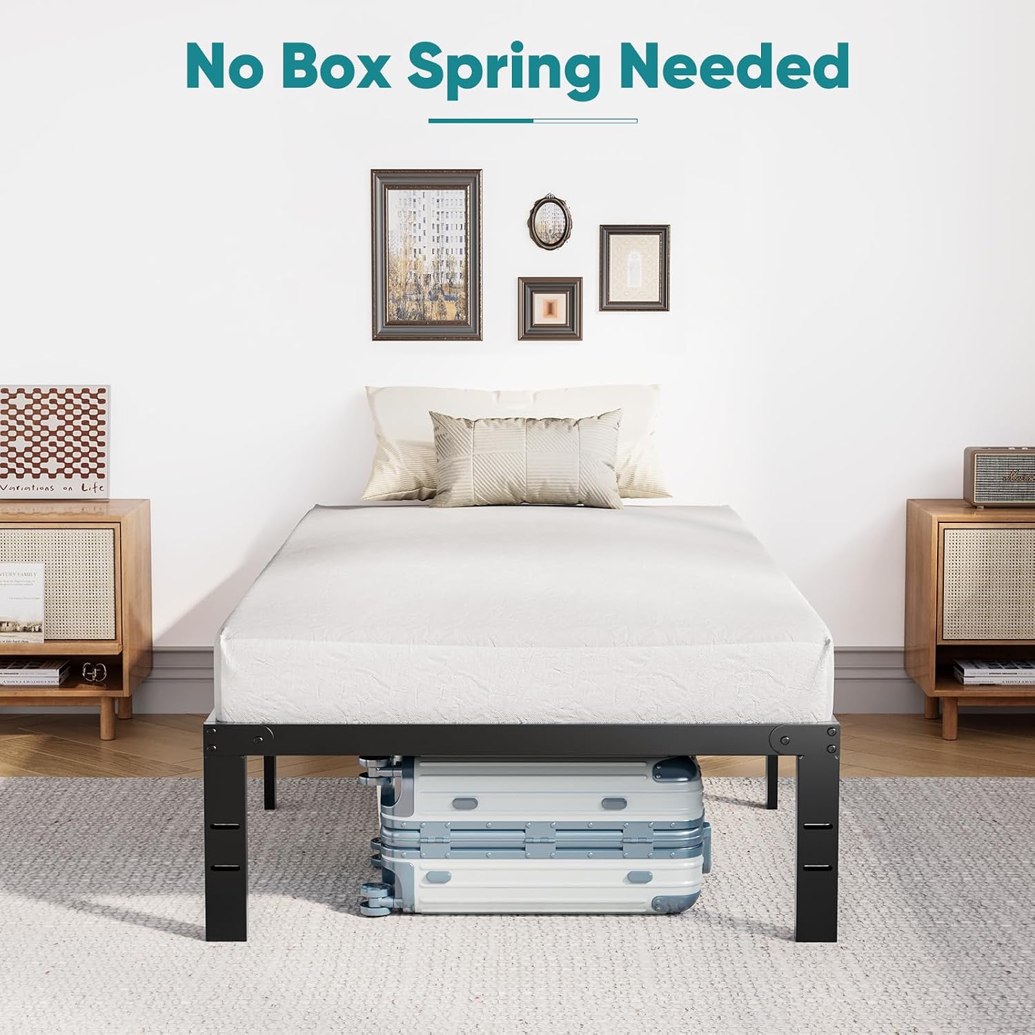 OLIXIS Twin Metal Platform Bed Frame - 14in High Heavy Duty Mattress Foundation with Storage Space, No Box Spring Needed, Sturdy Steel Slat Support, Easy Assembly, Black
