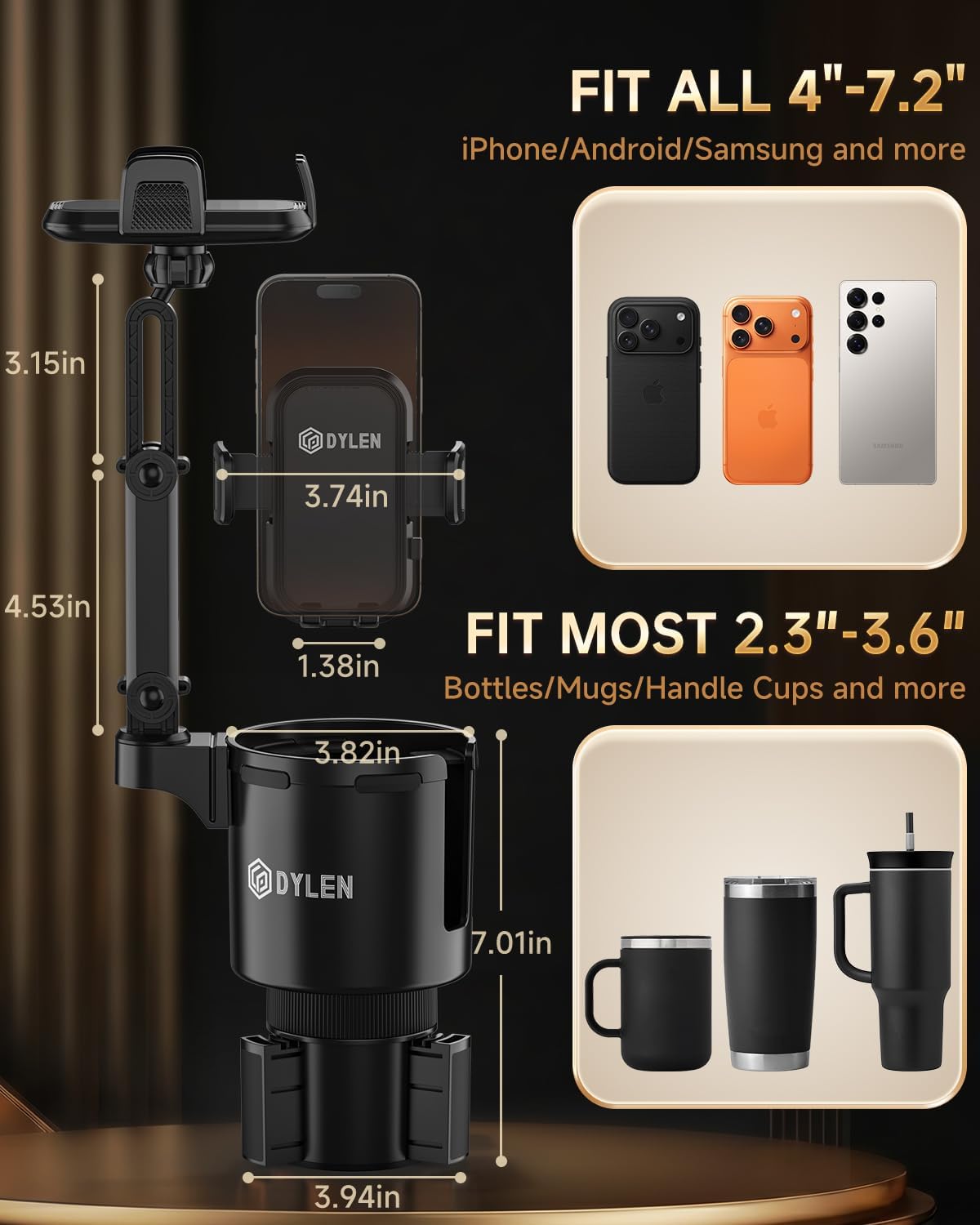 DYLEN Cup Holder Phone Holder for Car, 2 in 1 Cup Holder Phone Mount