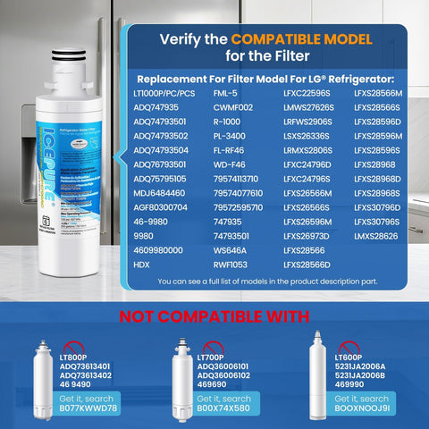 ICEPURE LT1000PC Refrigerator Water Filter and LT120F Air Filter, 3 Combo