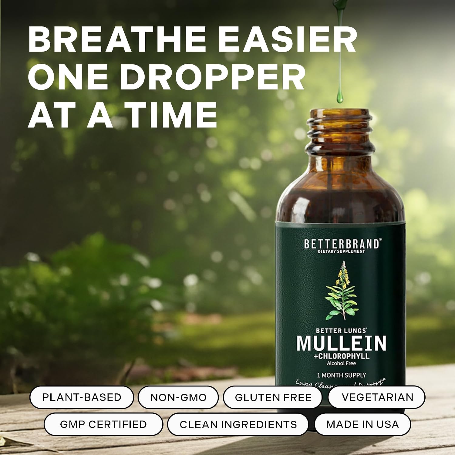 Betterbrand Mullein Drops, Alchohol-Free Lung Detox with Chlorophyll