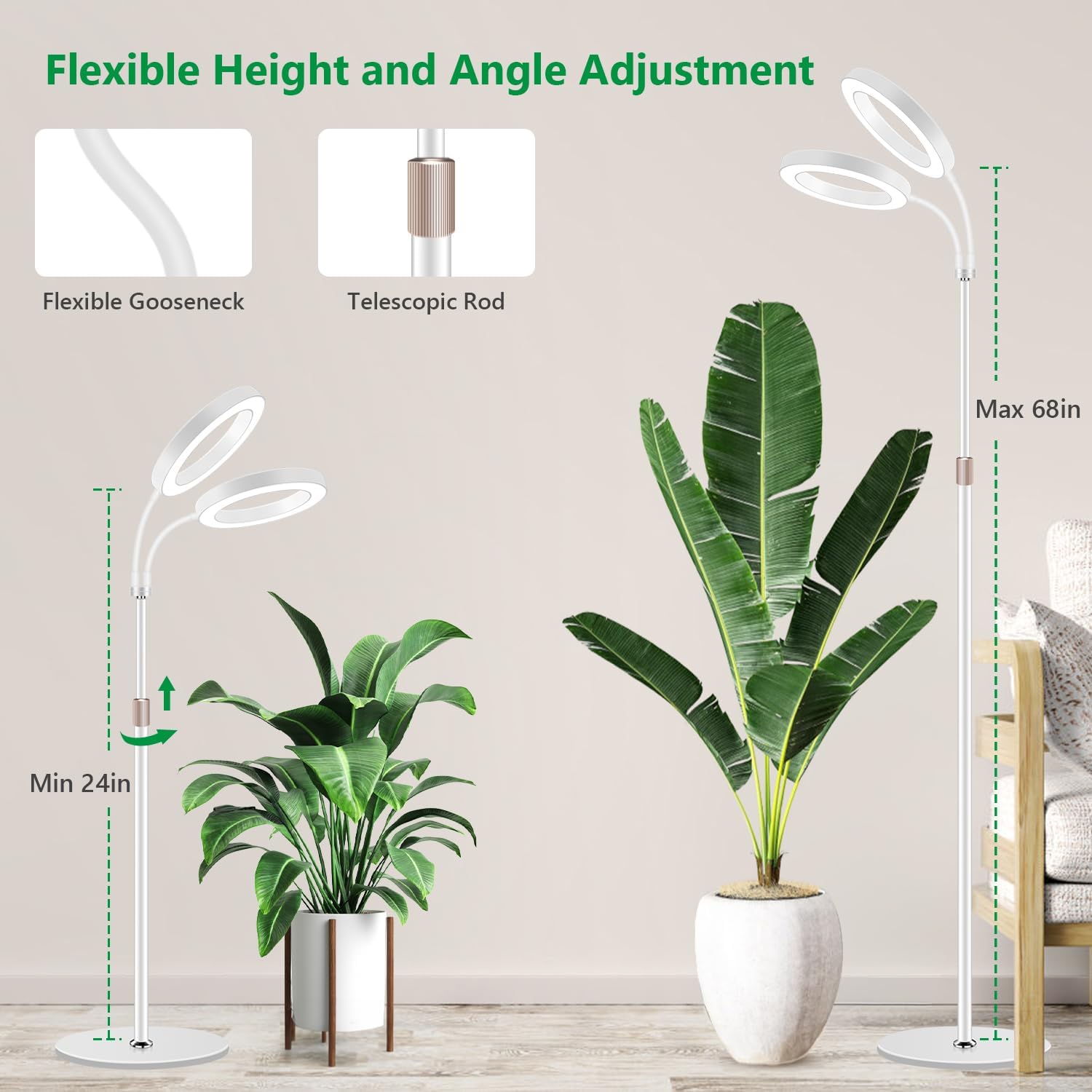Aumtrly Large Plant Grow Light Indoor, 2 Head Full Spectrum, with 68" Stand
