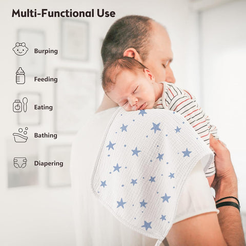 Bearmoss 10 Pack Muslin Burp Cloths, 20"×10" Absorbent Baby Burping Cloths (Blue Star)