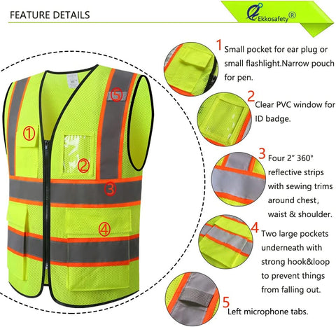 Reflective Mesh Safety Vest for Men Women with 5 Pockets and Zipper Front High Visibility Mesh Vest Hi Vis Construction Work Vest,Meets ANSI/ISEA Standards(EK175-Yellow-S)