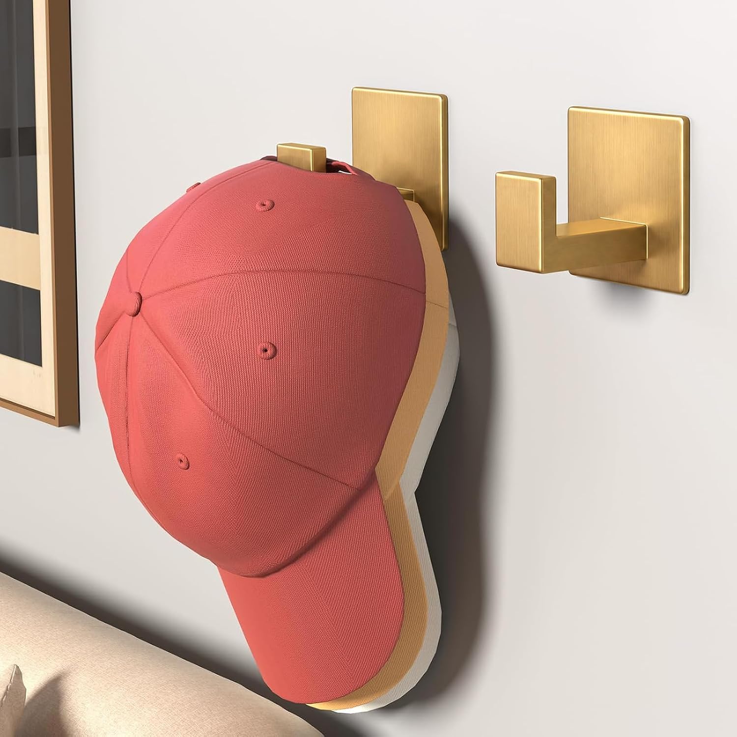 VAEHOLD Adhesive Towel Hooks, Heavy Duty Wall Hooks for Hanging Coat, Hat, Towel, Robe, Clothes, Shower Hook for Door, Office, Kitchen, Bathroom - 2 Pack (Gold)