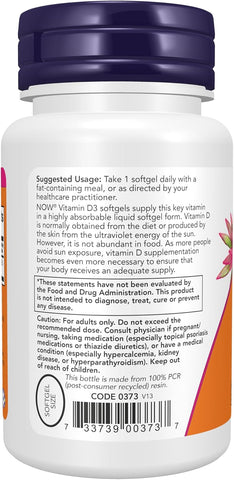 NOW Foods Supplements, Vitamin D-3 5,000 IU, High Potency, Structural Support*, 240 Softgels