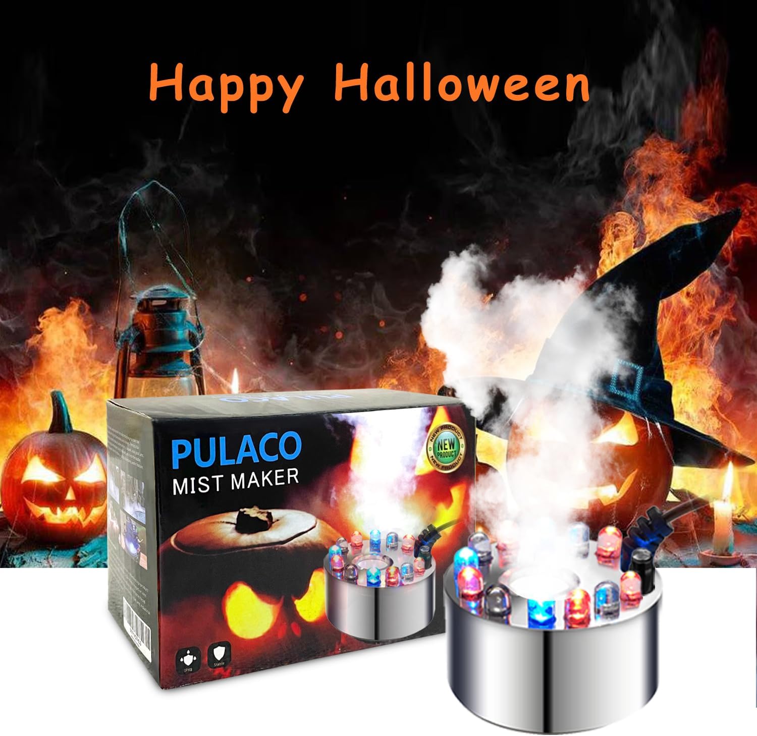 PULACO Mist Maker, 12 LED Mister Fogger Water Fountain Pond Fog Machine Atomizer Air Humidifier, Indoor Fountain Mister Foggers Perfect for Halloween