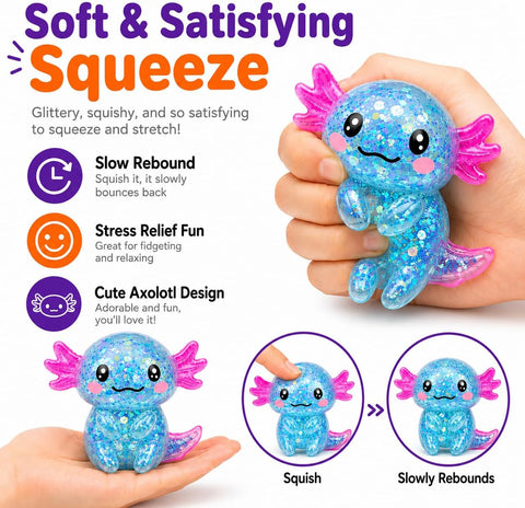 Axolotl Squishy Toy,Glitter Stress Relief Axolotl Toy,Cute Malt Sugar Filled Sensory Fidget Toy for Kids Adults,Axolotl Birthday Party Favors Gifts