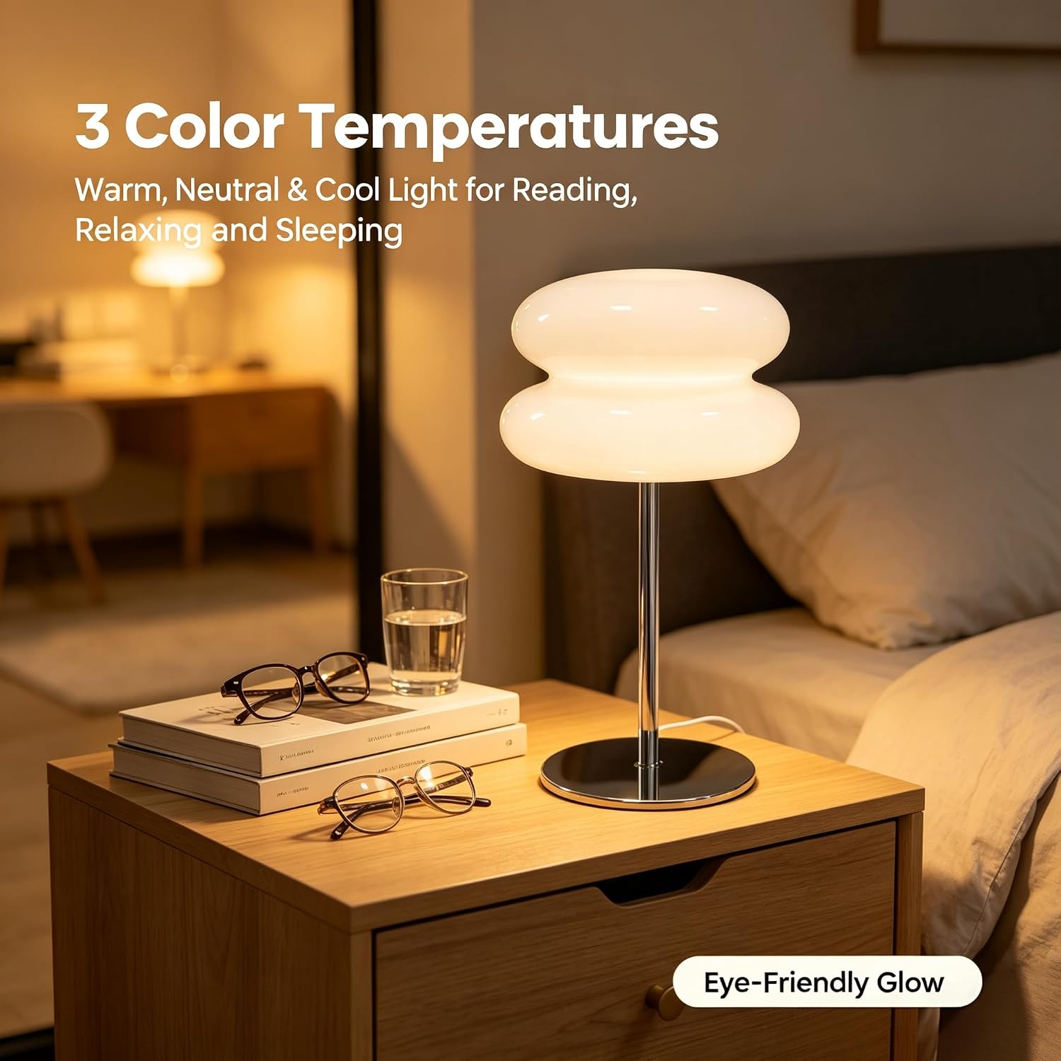 Bedroom Mushroom lamp, Medieval Modern Bedside Table lamp, dimmable Retro Egg Tart Headlight, Unique Home Mushroom Decoration Aesthetic Lovely Living Room Desk lamp (White)