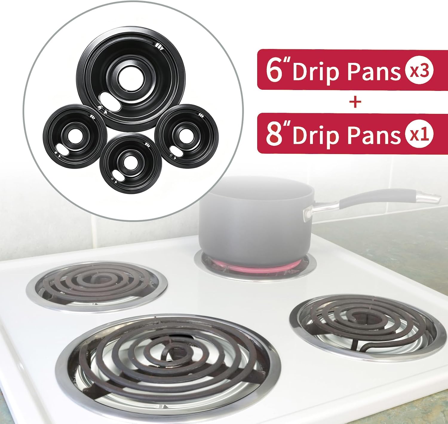 GE Black Stove Drip Pans, 10% Energy Save by Enamel Spraying Prevent Bending and Rust - Include 3Pcs 6'' Burner Drip Pans and 1Pcs 8'' Drip Bowl
