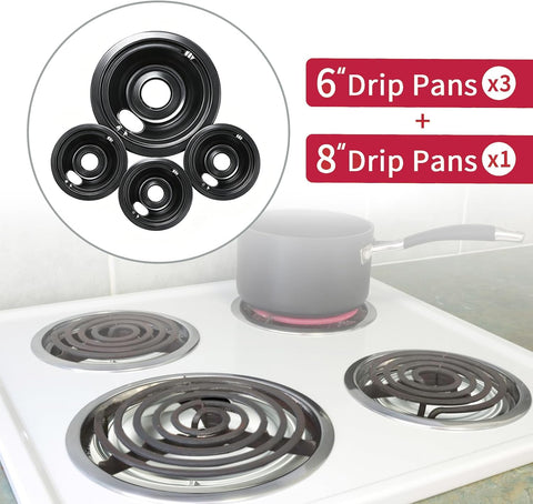 GE Black Stove Drip Pans, 10% Energy Save by Enamel Spraying Prevent Bending and Rust - Include 3Pcs 6'' Burner Drip Pans and 1Pcs 8'' Drip Bowl