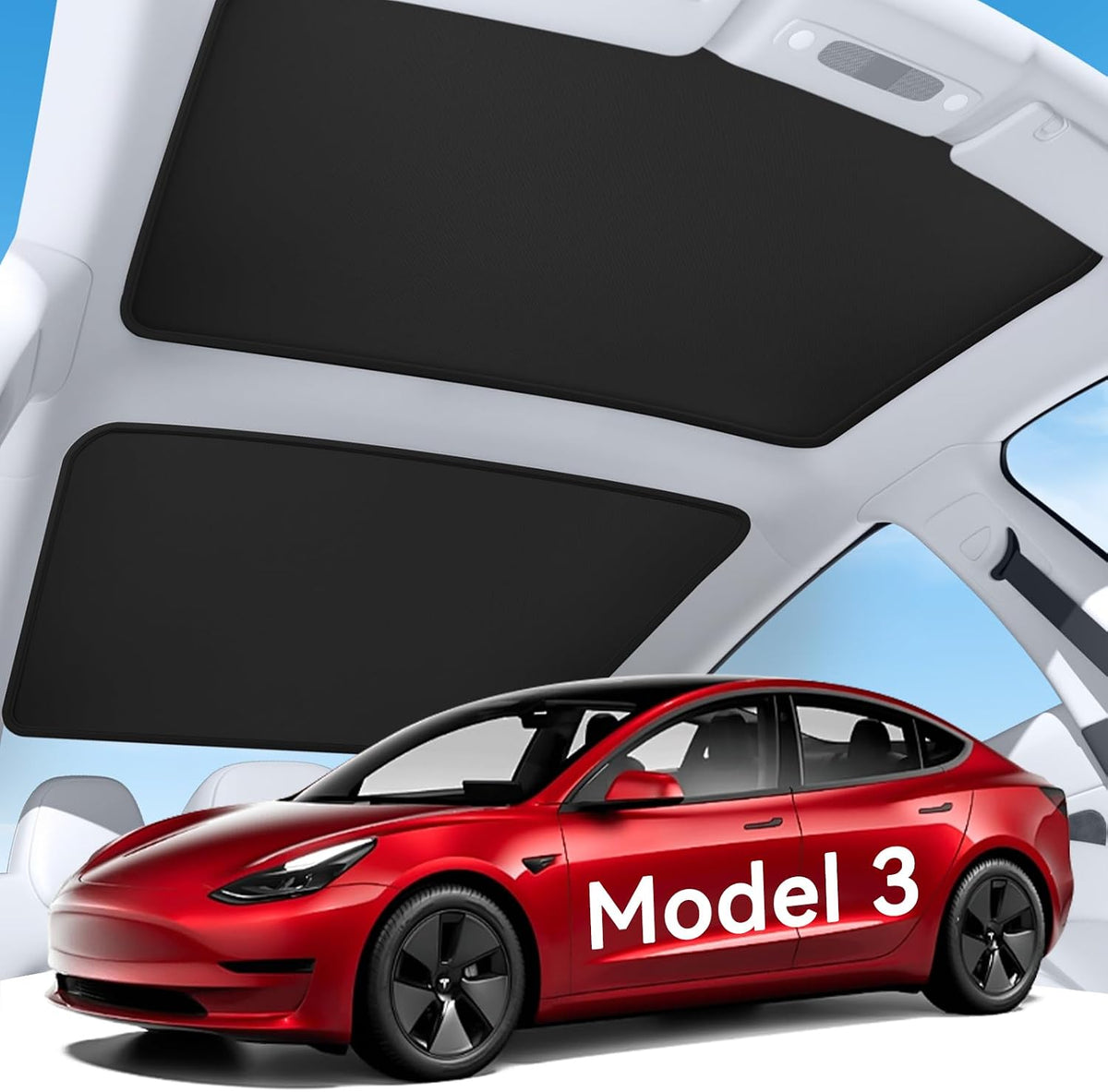 2026 Upgrade Sunshade Roof for Tesla Model 3 2021-2026, [Graphene Infused Fabric & UPF 50+ & No-Sag] 1:1 Fit Heat Insulation Glass Roof Sun Shade for Tesla Model 3 Accessories, Black, 2PCS
