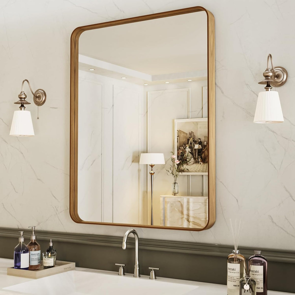 LOAAO 20X30 Inch Bathroom Mirror with Wood Grain Colored Metal Frame
