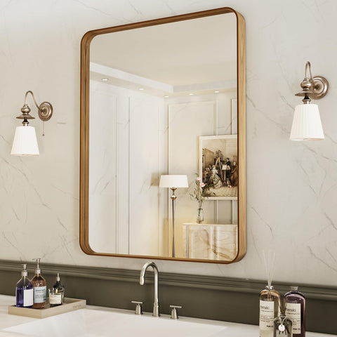 LOAAO 20X30 Inch Bathroom Mirror with Wood Grain Colored Metal Frame