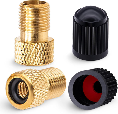 2PCS Brass Presta Valve Adapter, Convert Presta to Schrader Adaptor, Inflate Tire Using Standard Pump or Air Compressor for Bikes, 2 Pack Black Tire Valve Caps(Reticulated Grain Style)
