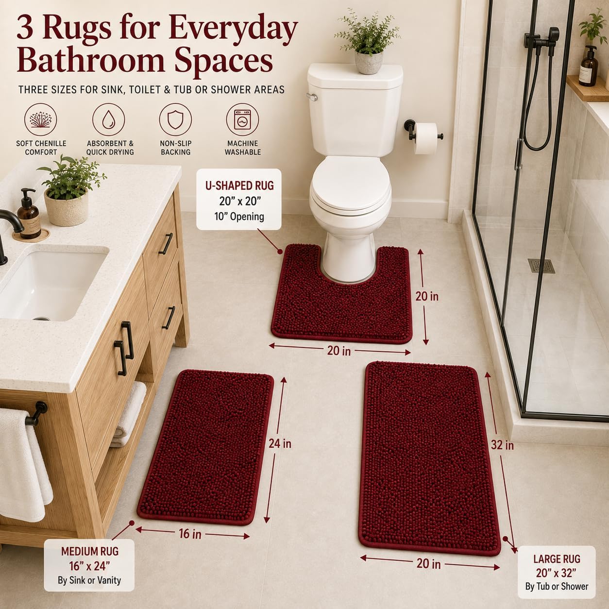 RUN HELIX Christmas Rugs Bathroom Rugs Sets 3 Piece Extra Soft Chenille Bathroom Mats Non Slip Bath Mat Set Bath Rugs Soft Absorbent Non Slip Washable Bath Mats with Toilet Mats Bath Decoration