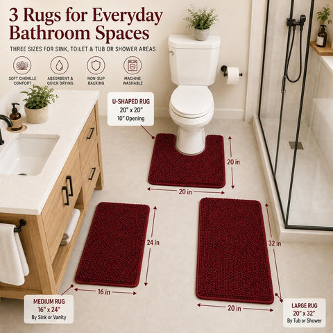 RUN HELIX Christmas Rugs Bathroom Rugs Sets 3 Piece Extra Soft Chenille Bathroom Mats Non Slip Bath Mat Set Bath Rugs Soft Absorbent Non Slip Washable Bath Mats with Toilet Mats Bath Decoration