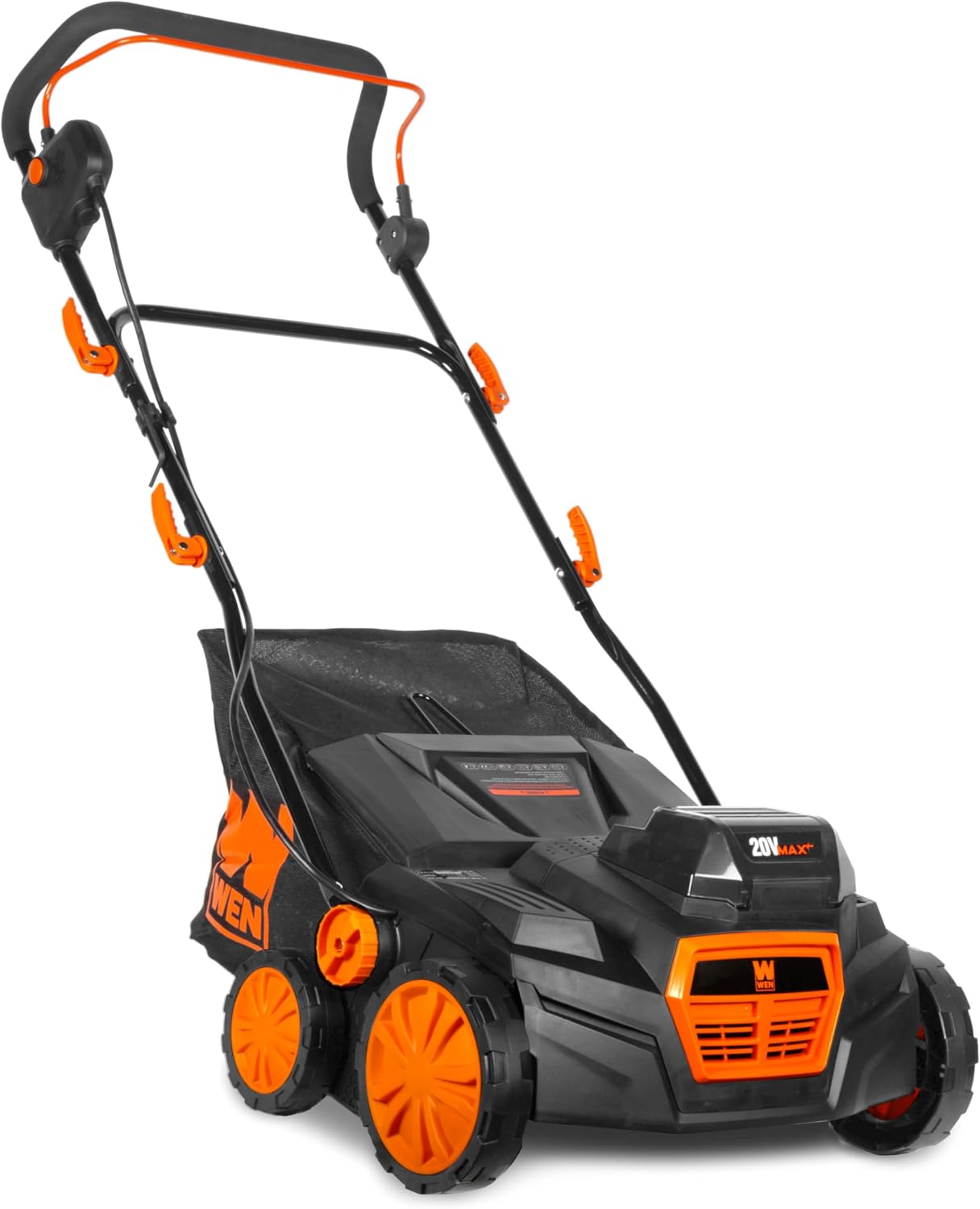 WEN 20V Max Cordless 15-Inch 2-in-1 Brushless Electric Dethatcher and Scarifier with Collection Bag, Two 4.0 Ah Batteries, and Dual-Port Charger (20716)
