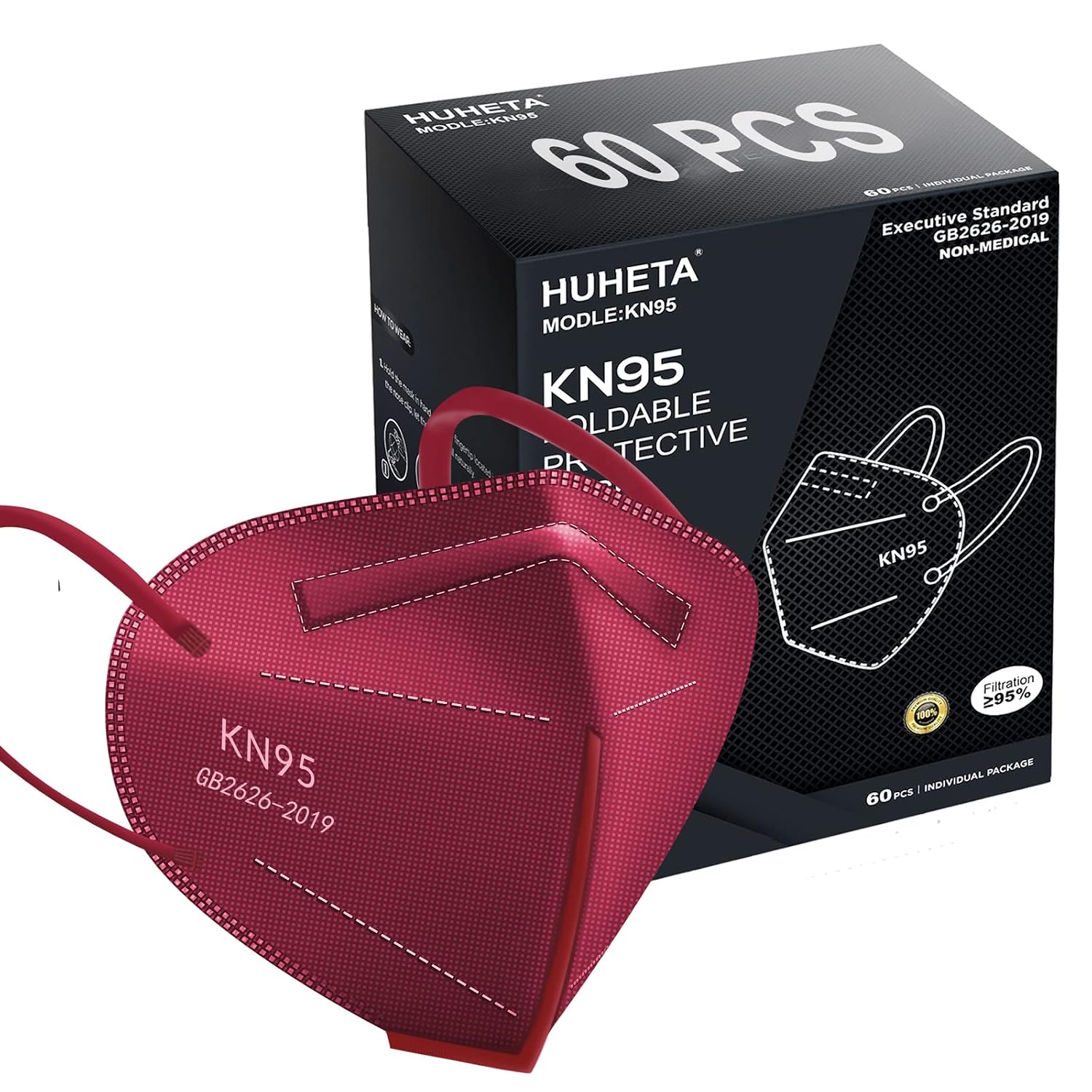 HUHETA KN95 Face Mask 60 PCs, 5-Ply Safety Masks for Men and Women, Filter Efficiency Over 95% (Red Mask)