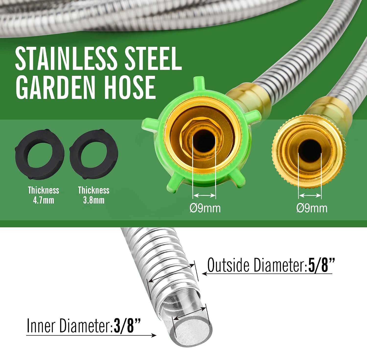 SKYWARD 20ft Stainless Steel Garden Hose, Leakproof, No Kink,F/M Connector
