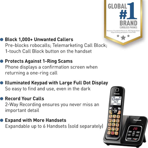 Panasonic Cordless Phone with Answering Machine, Advanced Call Block, Bilingual Caller ID and High-Contrast Display, Expandable System with 1 Handset Cordless Telephone - KX-TGD830M (Metallic Black)
