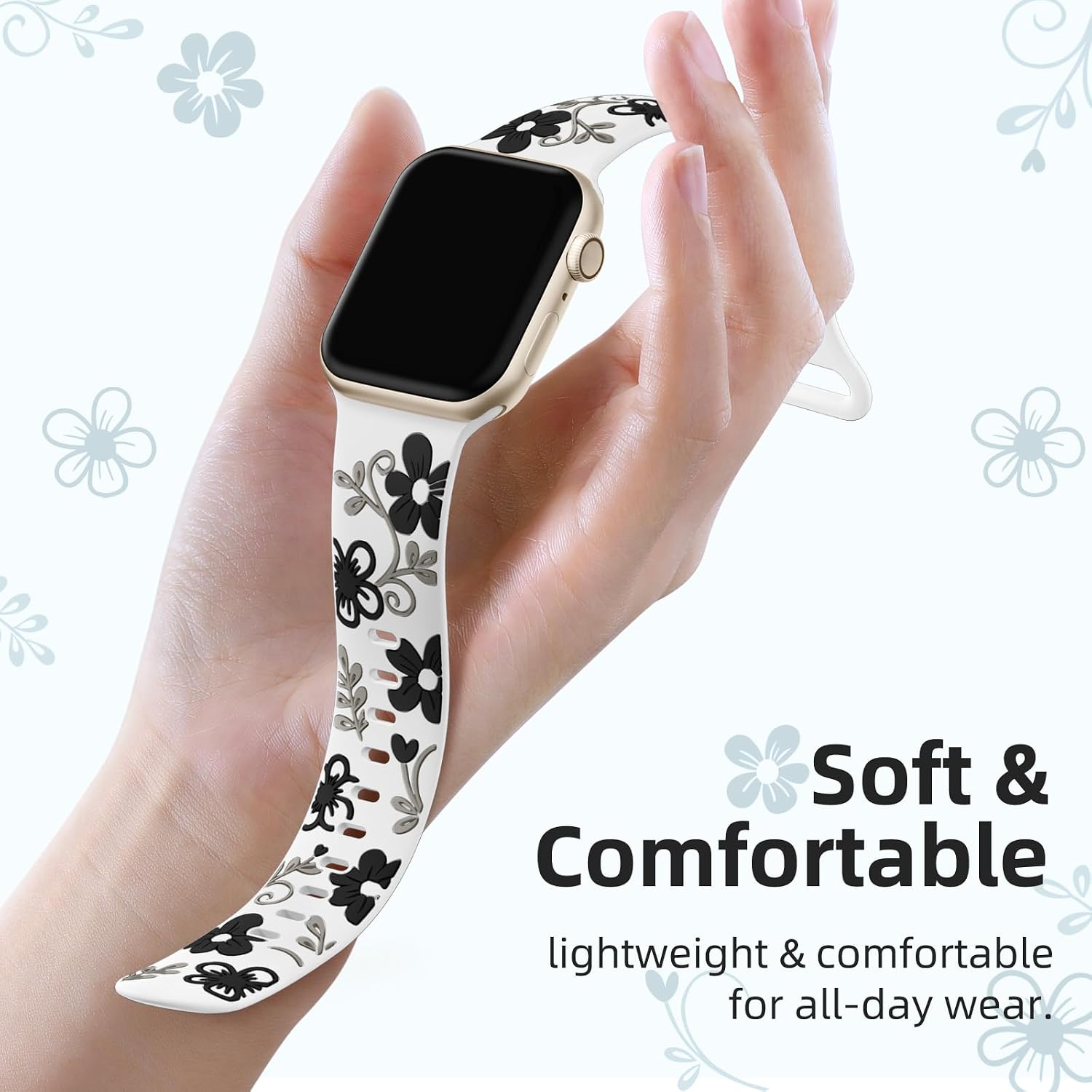 Witzon Floral Band Compatible with Apple Watch Bands For Women 40mm 41mm 38mm 42mm 44mm 45mm 46mm 49mm, Engraved Cute Flower Silicone Dressy Strap for iWatch Series 11 10 9 8 7 6 5 4 3 2 SE Ultra