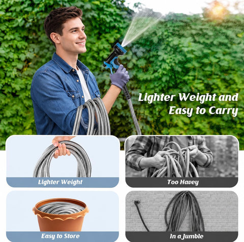 Garden Hose 100ft, Metal Water Hose, Kink-Free, Flexible Stainless Steel Hose, Heavy Duty Abrasion Resistant Leakproof Hose with 10-Function Spray Nozzle for Yard, Lawn, Outdoor, Marine and Camper