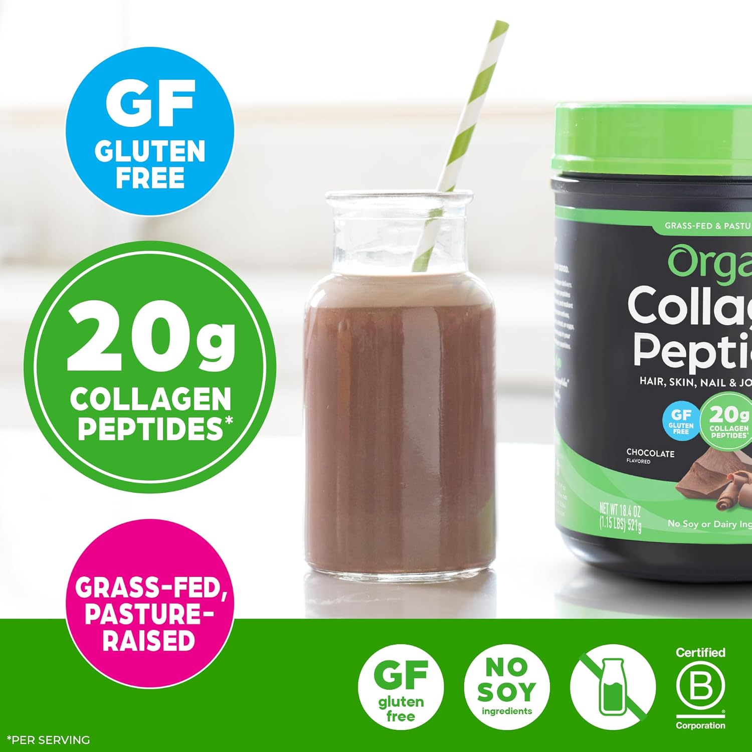 Orgain 20g Hydrolyzed Collagen Peptides Powder, Chocolate, 1lb