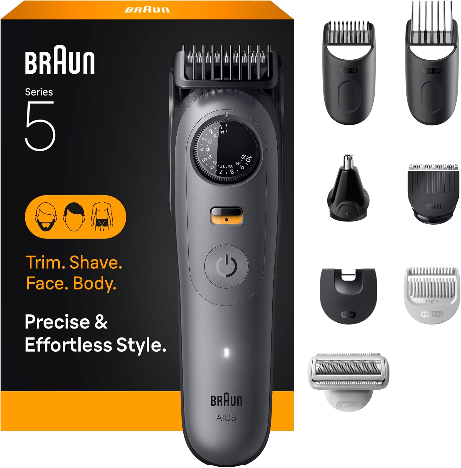 Braun Series 5 All-in-One Beard & Body Grooming Kit for Men, Cordless Trimmer, Hair Clippers & Shaver for Face, Hair & Body with Smooth Shave Head, AIO 5510